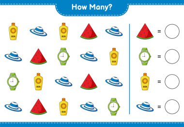 Sayma oyunu, kaç karpuz, güneş kremi, saatler ve yaz şapkası. Eğitimsel çocuk oyunu, yazdırılabilir çalışma tablosu, vektör illüstrasyonu