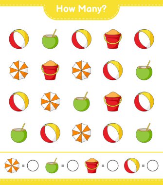 Sayma oyunu, kaç tane Beach Ball, Coconut, Beach Şemsiyesi ve Kum Kovası. Eğitimsel çocuk oyunu, yazdırılabilir çalışma tablosu, vektör illüstrasyonu
