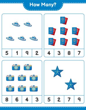 Oyun sayma, kaç kamera, yaz şapkası, denizyıldızı ve pasaport. Eğitimsel çocuk oyunu, yazdırılabilir çalışma tablosu, vektör illüstrasyonu