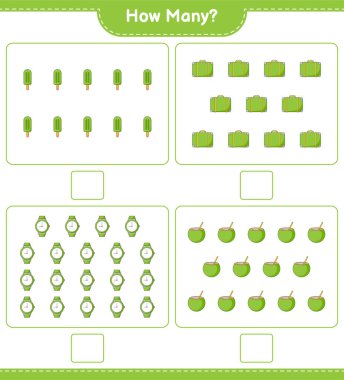 Sayma oyunu, kaç tane bavul, hindistan cevizi, dondurma ve saat. Eğitimsel çocuk oyunu, yazdırılabilir çalışma tablosu, vektör illüstrasyonu