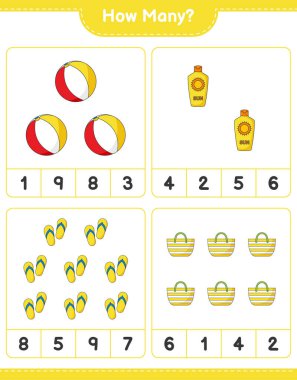 Sayma oyunu, kaç Flip Flop, Beach Ball, Güneş kremi ve Beach Bag. Eğitimsel çocuk oyunu, yazdırılabilir çalışma tablosu, vektör illüstrasyonu