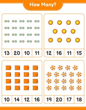Oyun sayma, kaç tane güneş, plaj şemsiyesi, cüzdan ve güneş gözlüğü. Eğitimsel çocuk oyunu, yazdırılabilir çalışma tablosu, vektör illüstrasyonu