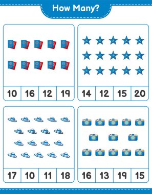Oyun sayma, kaç kamera, yaz şapkası, denizyıldızı ve pasaport. Eğitimsel çocuk oyunu, yazdırılabilir çalışma tablosu, vektör illüstrasyonu