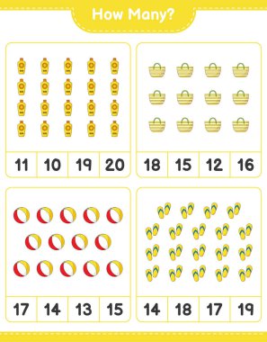 Sayma oyunu, kaç Flip Flop, Beach Ball, Güneş kremi ve Beach Bag. Eğitimsel çocuk oyunu, yazdırılabilir çalışma tablosu, vektör illüstrasyonu