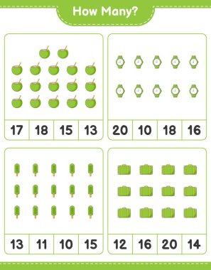 Sayma oyunu, kaç tane bavul, hindistan cevizi, dondurma ve saat. Eğitimsel çocuk oyunu, yazdırılabilir çalışma tablosu, vektör illüstrasyonu