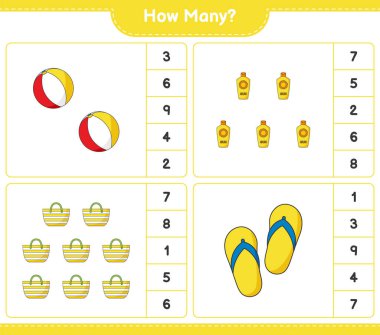 Sayma oyunu, kaç Flip Flop, Beach Ball, Güneş kremi ve Beach Bag. Eğitimsel çocuk oyunu, yazdırılabilir çalışma tablosu, vektör illüstrasyonu