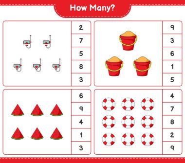 Sayma oyunu, kaç karpuz, kaç Lifebuoy, Scuba Dalış Maskesi ve Kum Kovası. Eğitimsel çocuk oyunu, yazdırılabilir çalışma tablosu, vektör illüstrasyonu