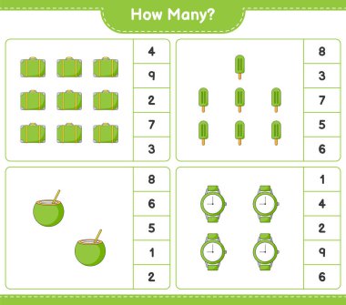 Sayma oyunu, kaç tane bavul, hindistan cevizi, dondurma ve saat. Eğitimsel çocuk oyunu, yazdırılabilir çalışma tablosu, vektör illüstrasyonu