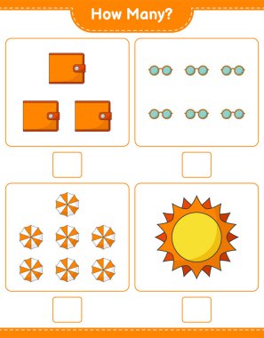 Oyun sayma, kaç tane güneş, plaj şemsiyesi, cüzdan ve güneş gözlüğü. Eğitimsel çocuk oyunu, yazdırılabilir çalışma tablosu, vektör illüstrasyonu