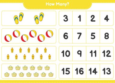 Sayma oyunu, kaç Flip Flop, Beach Ball, Güneş kremi ve Beach Bag. Eğitimsel çocuk oyunu, yazdırılabilir çalışma tablosu, vektör illüstrasyonu