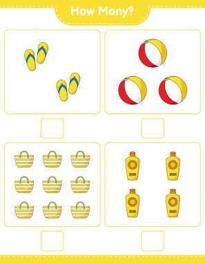 Sayma oyunu, kaç Flip Flop, Beach Ball, Güneş kremi ve Beach Bag. Eğitimsel çocuk oyunu, yazdırılabilir çalışma tablosu, vektör illüstrasyonu