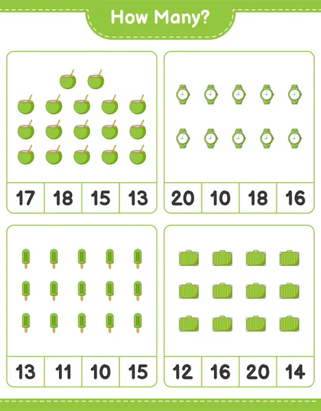 Zählspiel Wie Viele Gepäckstücke Kokosnüsse Eis Und Uhren Pädagogisches Kinderspiel — Stockvektor