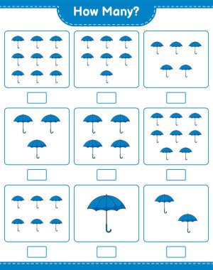 Maç sayısı, kaç Şemsiye. Eğitimsel çocuk oyunu, yazdırılabilir çalışma tablosu, vektör illüstrasyonu