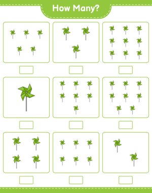 Sayma oyunu, kaç tane fırıldak. Eğitimsel çocuk oyunu, yazdırılabilir çalışma tablosu, vektör illüstrasyonu