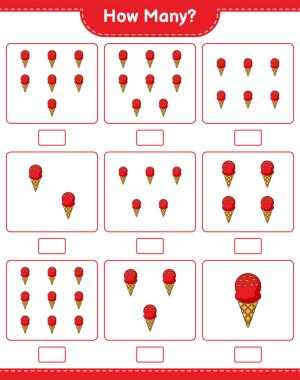 Sayma oyunu, kaç dondurma. Eğitimsel çocuk oyunu, yazdırılabilir çalışma tablosu, vektör illüstrasyonu