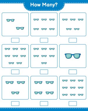 Maç sayısı, kaç tane güneş gözlüğü. Eğitimsel çocuk oyunu, yazdırılabilir çalışma tablosu, vektör illüstrasyonu