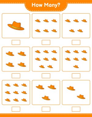 Oyun sayıyorum, kaç tane Summer Hat var? Eğitimsel çocuk oyunu, yazdırılabilir çalışma tablosu, vektör illüstrasyonu