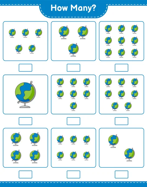 Räknar Spel Hur Många Globe Pedagogiska Barn Spel Utskrivbara Kalkylblad — Stock vektor