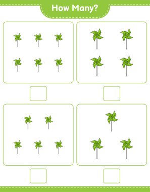 Sayma oyunu, kaç tane fırıldak. Eğitimsel çocuk oyunu, yazdırılabilir çalışma tablosu, vektör illüstrasyonu