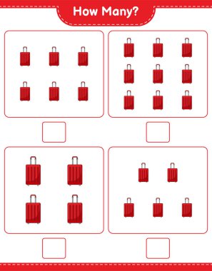 Oyun sayıyorum, kaç tane seyahat çantası var. Eğitimsel çocuk oyunu, yazdırılabilir çalışma tablosu, vektör illüstrasyonu
