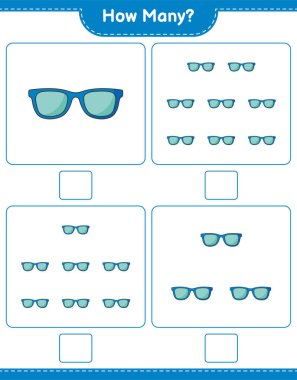 Maç sayısı, kaç tane güneş gözlüğü. Eğitimsel çocuk oyunu, yazdırılabilir çalışma tablosu, vektör illüstrasyonu