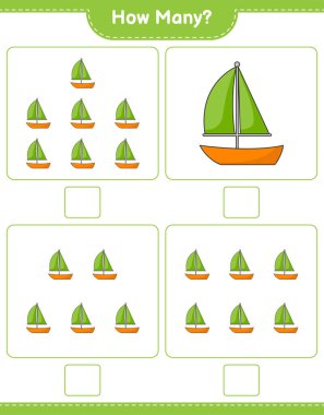 Maç sayısı, kaç yelkenli. Eğitimsel çocuk oyunu, yazdırılabilir çalışma tablosu, vektör illüstrasyonu