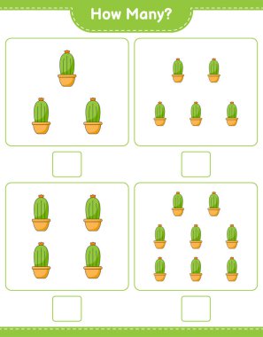 Kaç Kaktüs olduğunu sayıyorum. Eğitimsel çocuk oyunu, yazdırılabilir çalışma tablosu, vektör illüstrasyonu