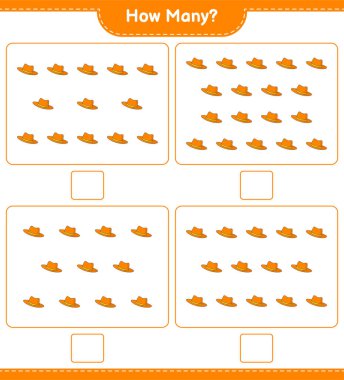 Oyun sayıyorum, kaç tane Summer Hat var? Eğitimsel çocuk oyunu, yazdırılabilir çalışma tablosu, vektör illüstrasyonu