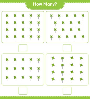 Sayma oyunu, kaç tane fırıldak. Eğitimsel çocuk oyunu, yazdırılabilir çalışma tablosu, vektör illüstrasyonu
