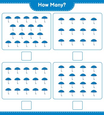 Maç sayısı, kaç Şemsiye. Eğitimsel çocuk oyunu, yazdırılabilir çalışma tablosu, vektör illüstrasyonu
