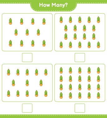 Kaç Kaktüs olduğunu sayıyorum. Eğitimsel çocuk oyunu, yazdırılabilir çalışma tablosu, vektör illüstrasyonu