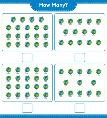 Sayma oyunu, kaç Globe. Eğitimsel çocuk oyunu, yazdırılabilir çalışma tablosu, vektör illüstrasyonu