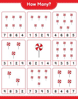 Oyun sayıyorum, kaç tane Candy var. Eğitimsel çocuk oyunu, yazdırılabilir çalışma tablosu, vektör illüstrasyonu
