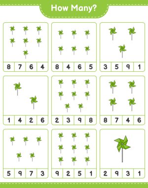 Sayma oyunu, kaç tane fırıldak. Eğitimsel çocuk oyunu, yazdırılabilir çalışma tablosu, vektör illüstrasyonu