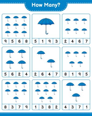 Maç sayısı, kaç Şemsiye. Eğitimsel çocuk oyunu, yazdırılabilir çalışma tablosu, vektör illüstrasyonu