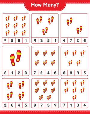 Maç sayıyorum, kaç Flip Flop. Eğitimsel çocuk oyunu, yazdırılabilir çalışma tablosu, vektör illüstrasyonu