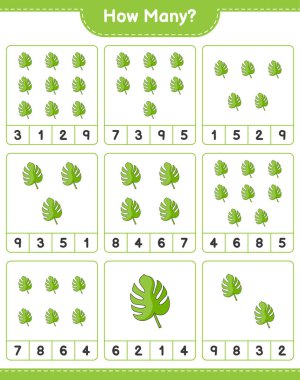 Oyun sayıyorum, kaç tane canavar var? Eğitimsel çocuk oyunu, yazdırılabilir çalışma tablosu, vektör illüstrasyonu