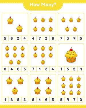 Maç sayıyorum, kaç kupa kek. Eğitimsel çocuk oyunu, yazdırılabilir çalışma tablosu, vektör illüstrasyonu