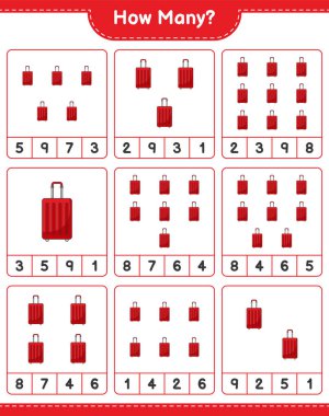 Oyun sayıyorum, kaç tane seyahat çantası var. Eğitimsel çocuk oyunu, yazdırılabilir çalışma tablosu, vektör illüstrasyonu