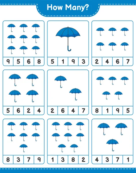 Maç sayısı, kaç Şemsiye. Eğitimsel çocuk oyunu, yazdırılabilir çalışma tablosu, vektör illüstrasyonu