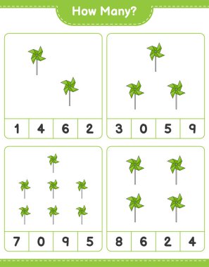 Sayma oyunu, kaç tane fırıldak. Eğitimsel çocuk oyunu, yazdırılabilir çalışma tablosu, vektör illüstrasyonu