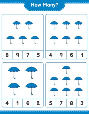 Maç sayısı, kaç Şemsiye. Eğitimsel çocuk oyunu, yazdırılabilir çalışma tablosu, vektör illüstrasyonu