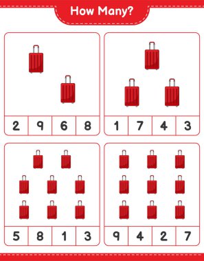 Oyun sayıyorum, kaç tane seyahat çantası var. Eğitimsel çocuk oyunu, yazdırılabilir çalışma tablosu, vektör illüstrasyonu