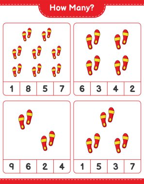 Maç sayıyorum, kaç Flip Flop. Eğitimsel çocuk oyunu, yazdırılabilir çalışma tablosu, vektör illüstrasyonu