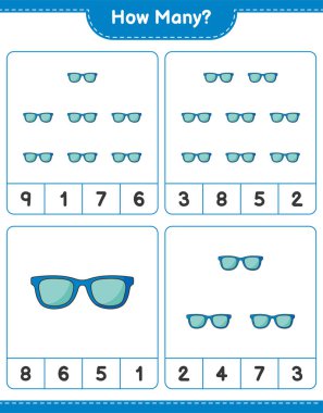 Maç sayısı, kaç tane güneş gözlüğü. Eğitimsel çocuk oyunu, yazdırılabilir çalışma tablosu, vektör illüstrasyonu