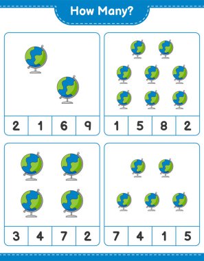 Sayma oyunu, kaç Globe. Eğitimsel çocuk oyunu, yazdırılabilir çalışma tablosu, vektör illüstrasyonu