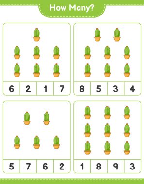 Kaç Kaktüs olduğunu sayıyorum. Eğitimsel çocuk oyunu, yazdırılabilir çalışma tablosu, vektör illüstrasyonu