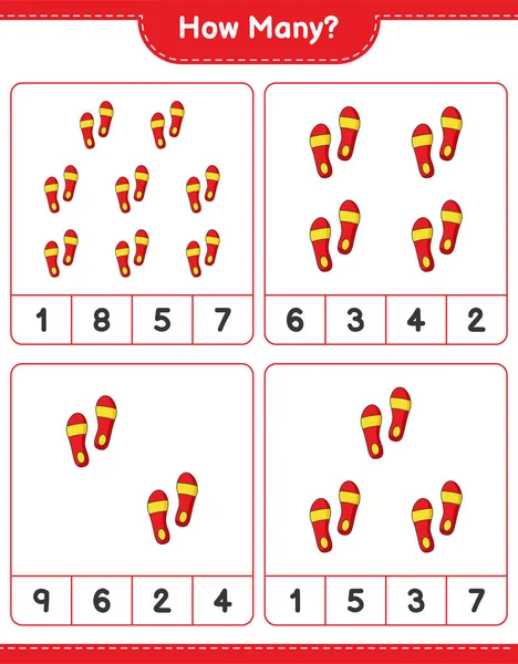 Maç sayıyorum, kaç Flip Flop. Eğitimsel çocuk oyunu, yazdırılabilir çalışma tablosu, vektör illüstrasyonu