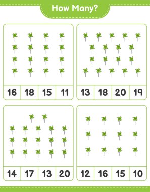 Sayma oyunu, kaç tane fırıldak. Eğitimsel çocuk oyunu, yazdırılabilir çalışma tablosu, vektör illüstrasyonu