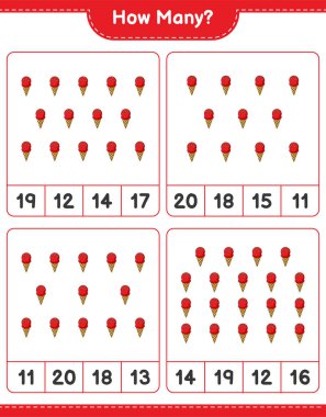 Sayma oyunu, kaç dondurma. Eğitimsel çocuk oyunu, yazdırılabilir çalışma tablosu, vektör illüstrasyonu